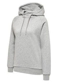 Szara bluza z kapturem, wykonana z miękkiego materiału, o luźnym kroju, z prążkowanymi mankietami i regulowanym sznurkiem przy kapturem.