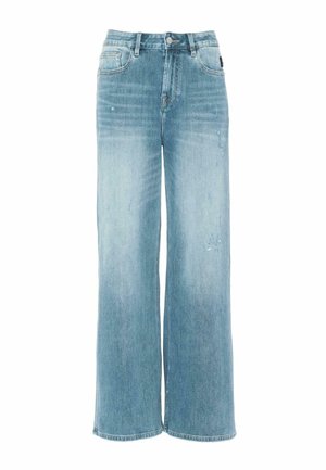 Light blue wide-leg jeans made of denim, featuring a high waist, front pockets, and visible distressing with a fading gradient effect.
