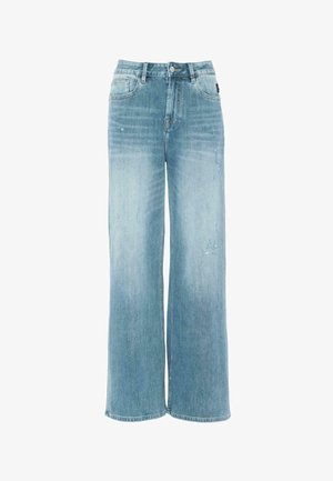 Jean large bleu clair en denim, avec taille haute, poches avant et déchirures visibles avec un effet dégradé de décoloration.