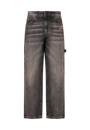 Schwarze, weit geschnittene Jeans im Used-Look mit leichter Used-Optik, fünf Taschen, Gürtelschlaufen und Knopfverschluss.