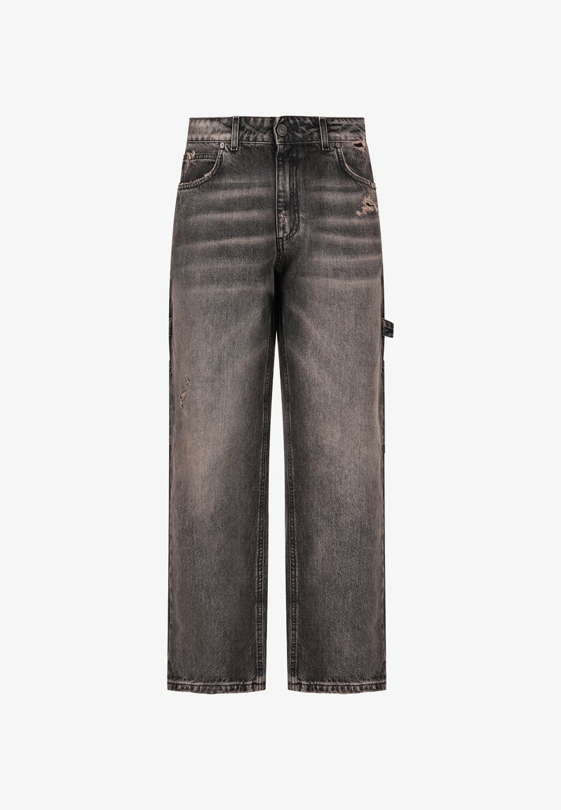 Czarne, szerokie jeansy z efektem sprania, lekkim przecieraniem, pięcioma kieszeniami, szlufkami na pasek i zapięciem na guzik.