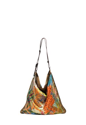 Bolso de hombro de tela suave con correa marrón ajustable y vibrante estampado abstracto multicolor de tigre y hojas.