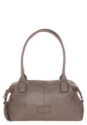 Sac à main en cuir marron avec deux poignées arrondies et une base rectangulaire, présentant une texture subtile et une petite étiquette de marque cousue sur le devant.