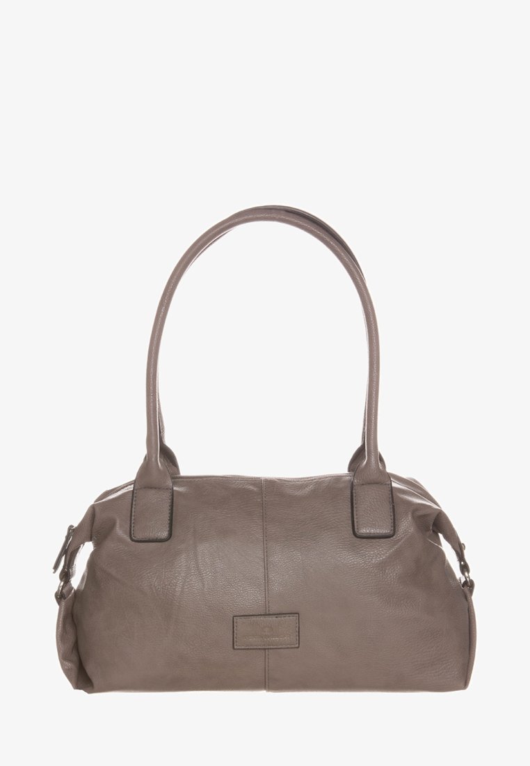 Brązowa skórzana torebka z dwoma zaokrąglonymi uchwytami i prostokątną podstawą, z subtelną fakturą i małą wszywaną metką marki na przodzie.