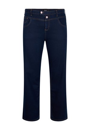 Jeans blu scuro a gamba dritta con tasche anteriori, passanti per cintura e chiusura con doppio bottone, mostrati su uno sfondo bianco.