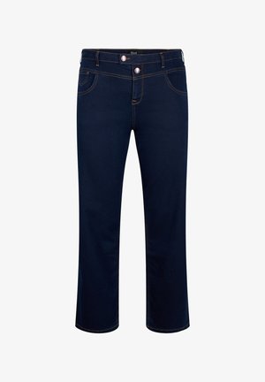 Dunkelblaue Jeans mit geradem Bein, vorderen Taschen, Gürtelschlaufen und doppeltem Knopfverschluss, auf weißem Hintergrund dargestellt.