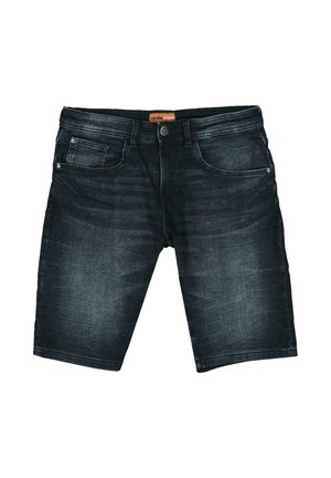 Dark blue denim shorts with front pockets, button closure, and slight faded texture.