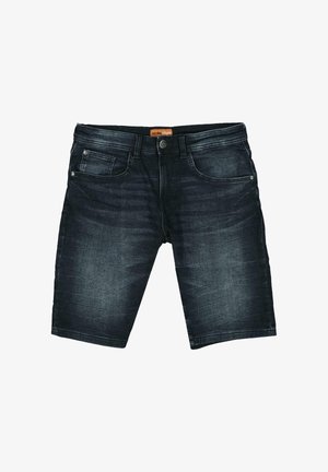 Dunkelblaue Jeansshorts mit Vordertaschen, Knopfverschluss und leicht ausgewaschener Textur.