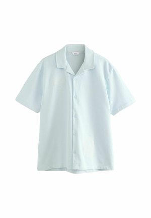 Light blue short-sleeve shirt in soft fabric, featuring a collared neckline and button closure. Includes subtle embroidered patterns.