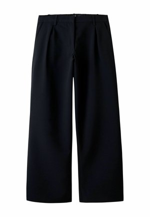 Pantalon noir à taille haute et jambes larges, avec poches latérales et plis sur le devant, conçu pour une coupe ample et confortable.