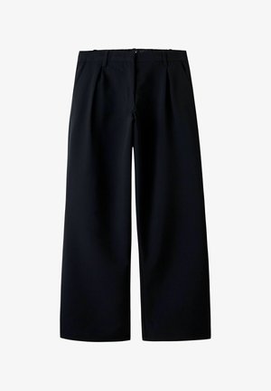 Fekete magasderekú, széles szárú nadrág oldalzsebekkel és elülső redőkkel, laza, kényelmes viseletre tervezve.