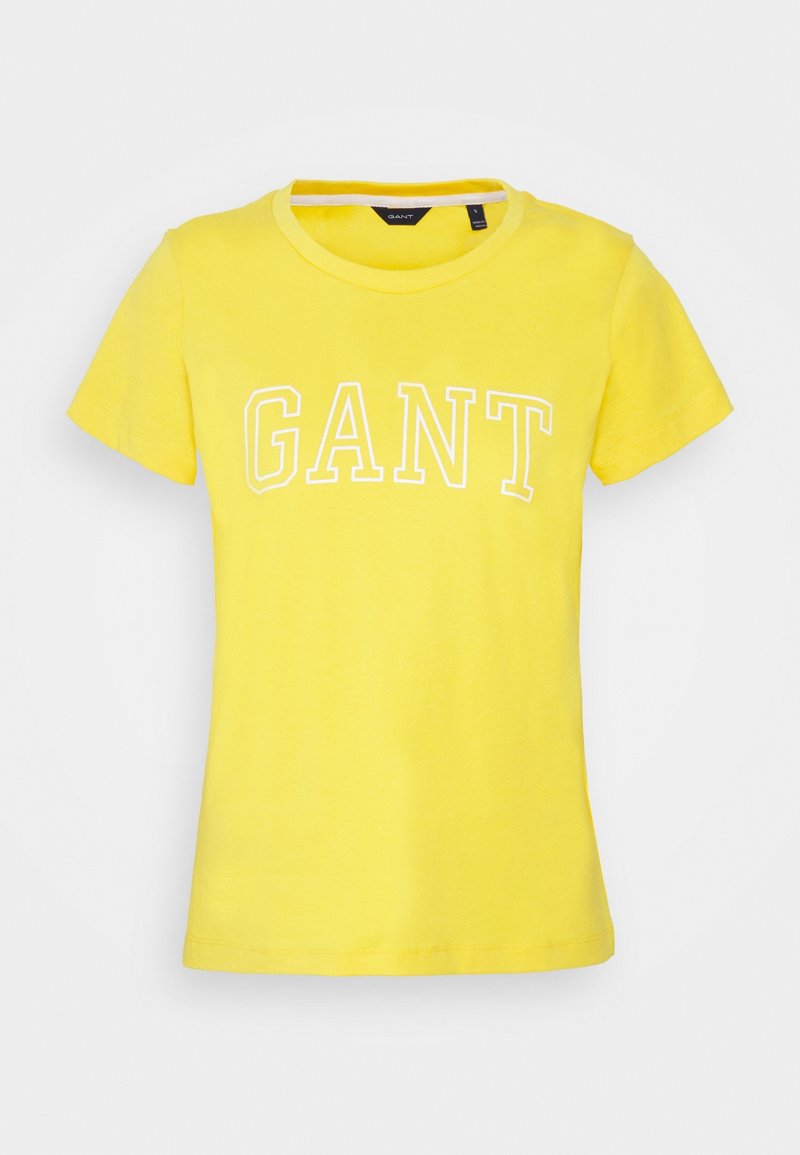 Gelbes Baumwoll-T-Shirt mit kurzen Ärmeln, rundem Ausschnitt und weißem "GANT"-Text auf der Brust. Angenehme Textur, lässige Passform.
