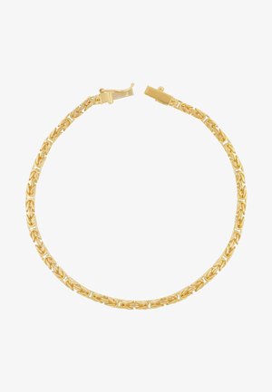 Goldene Kettenarmband mit kunstvoll verzahnten Gliedern, das eine glatte, glänzende Oberfläche und ein sicheres Schloss zum Verschließen aufweist.