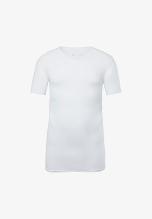 Weißes, kurzärmliges, tailliertes T-Shirt mit V-Ausschnitt. Hergestellt aus glattem Stoff mit leichtem Glanz und ohne sichtbare Muster oder Akzente.