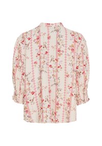 Blomsterbluse med en lys cremet baggrund, prydet med flerfarvede blomster og et pink diamantmønster; lange, samlede ærmer og løs pasform.
