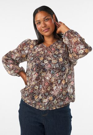 Zizzi, BLUSE MIT BLUMENMUSTER UND BALLONÄRMELN - Μπλούζα - braun