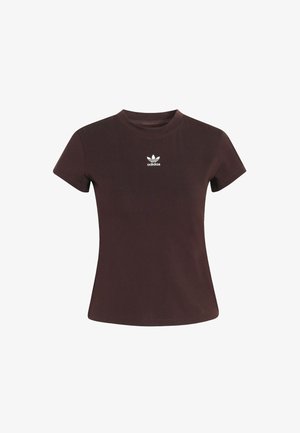 Hnedé tričko s krátkym rukávom vyrobené z bavlny. Na hrudi má biele logo Adidas. Jednoduchý kulatý výstrih a priliehajúci strih.