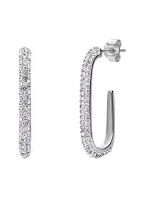 Silberne Creolen mit glatter Oberfläche, die auf einer Seite eine Reihe klarer, funkelnder Kristalle aufweisen. Einfaches, modernes Design.