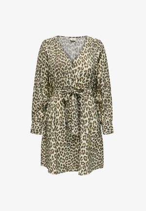Leopardprint jurk met lange mouwen, een v-halslijn, een tailleband en een ontspannen fit. Gemaakt van lichtgewicht, gestructureerde stof in beige en bruin.