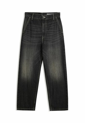 Schwarze Jeans aus verblasstem Denim mit geradem Bein, Vordertaschen, Gürtelschlaufen und Knopfverschluss am Bund.
