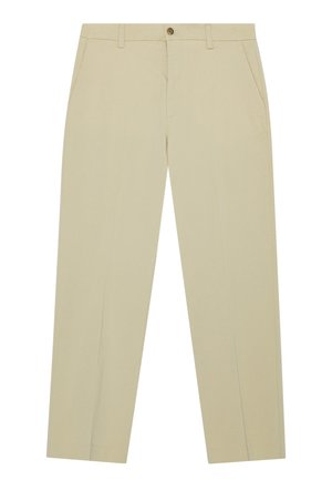 Chinos beiges en coton léger, avec une coupe droite, des poches avant et une fermeture à un bouton à la taille.