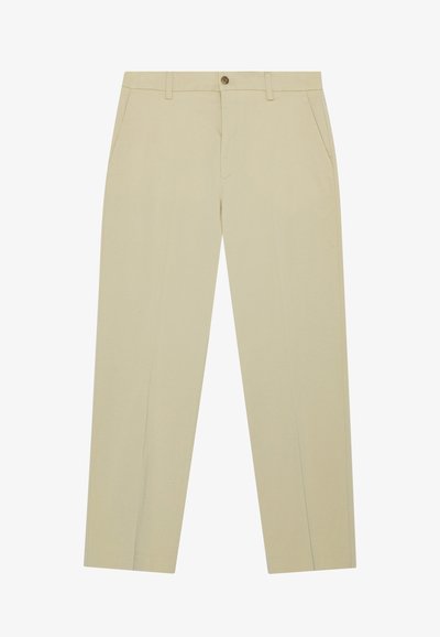 Beige chino's van lichtgewicht katoen, met een rechte pijp, voorkeurszakken en een enkele knoopsluiting bij de taille.