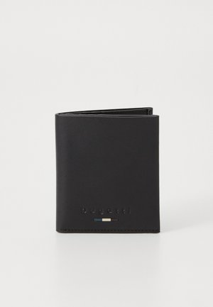 Zwarte leren portemonnee met een reliëf "bugatti" logo, heeft een minimalistisch ontwerp, nette stiksels en een subtiele kleuraccent op de voorkant.