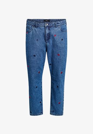 Blue denim jeans with a straight cut, featuring small heart-shaped embroidery in red and navy. Includes a buttoned waistband and front pockets.