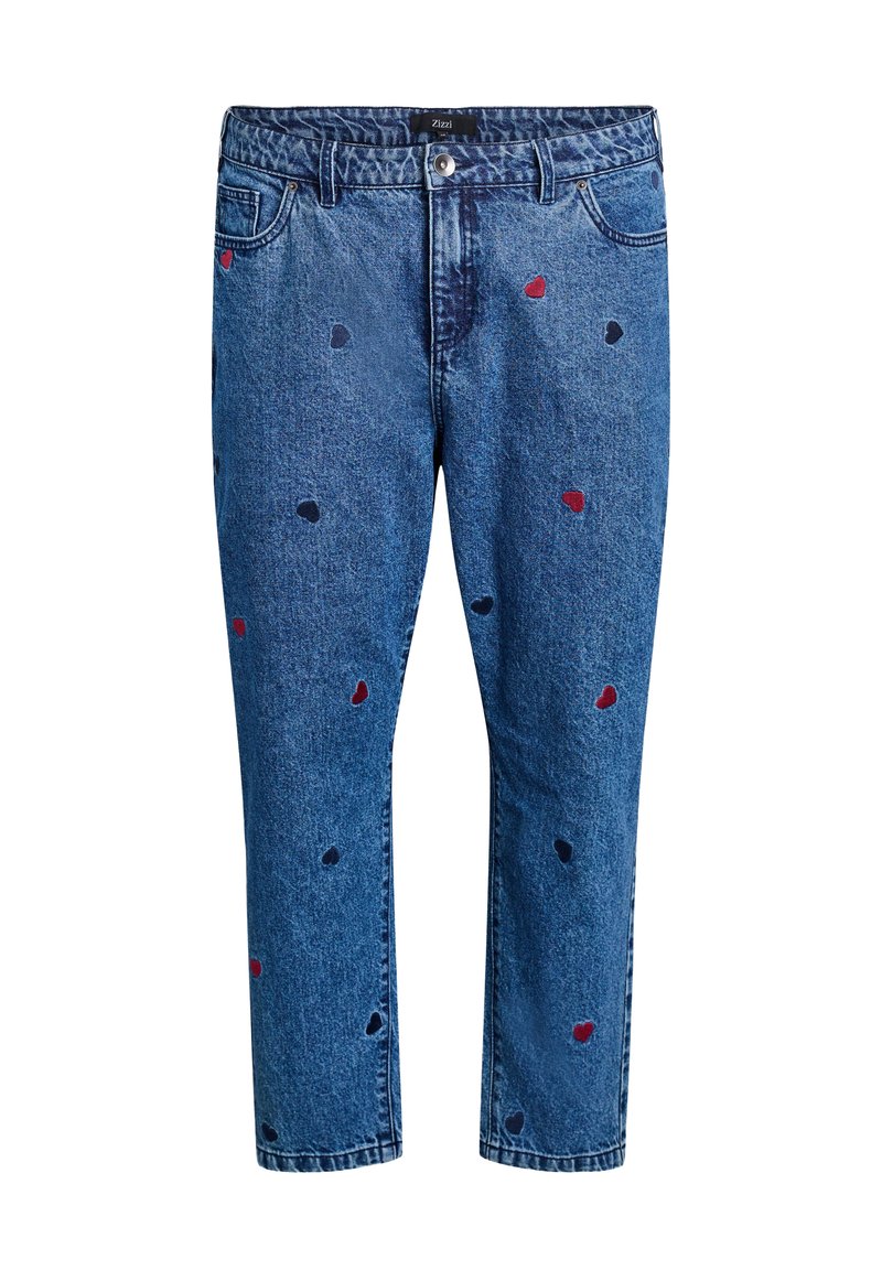 Jeans de mezclilla azul con corte recto, con pequeño bordado en forma de corazón en rojo y azul marino. Incluyen una cinturilla con botón y bolsillos delanteros.