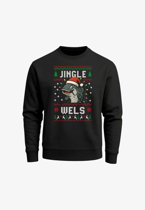 Black sweatshirt featuring a cartoon fish wearing a Santa hat. Decorated with "JINGLE WELS," holiday patterns, trees, and colorful ornaments.