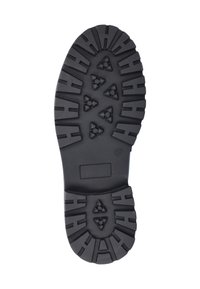 Black rubber outsole with a rugged tread pattern, featuring triangular and rectangular lugs for traction and grip.