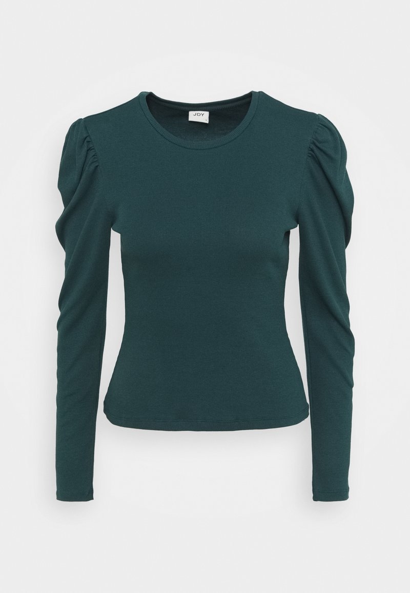 Teal long-sleeve top made of ribbed fabric, featuring gathered puff sleeves and a round neckline. Body-hugging fit with a smooth texture.
