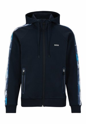 Marineblauwe hoodie met ritssluiting, capuchon met trekkoord, zijritszakken en blauw-witte gestreepte mouwen met "BOSS"-logo's.