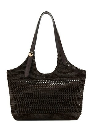 Sac fourre-tout tissé marron foncé avec de larges bandoulières en cuir et un détail de boucle dorée sur une bandoulière.