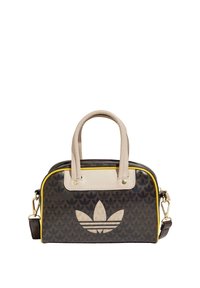 Borsa a mano con motivo nero e giallo, manici robusti, forma strutturata e grande logo chiaro. Presenta dettagli in tonalità oro e una cerniera.