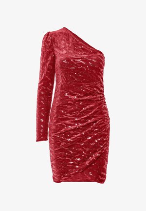 Punane, sädelusnööridega, ühe õla kleit, millel on sobiv siluett ja tekstureeritud kangas, esitleb külgedel volditust.