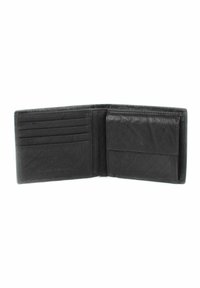 Portefeuille en cuir noir avec plusieurs emplacements pour cartes, un compartiment pour billets et une finition texturée. Vue ouverte montrant la disposition intérieure.