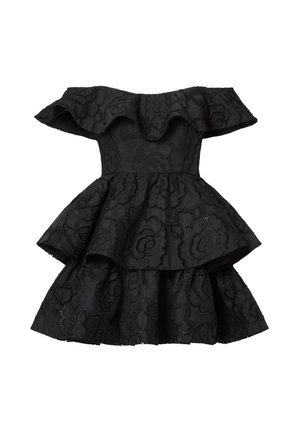 Zwarte off-shoulder jurk met gelaagde roezelrok en bloemenkantborduursel over het hele oppervlak.