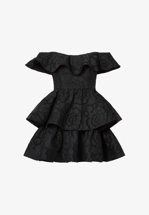 Zwarte off-shoulder jurk met gelaagde roezelrok en bloemenkantborduursel over het hele oppervlak.