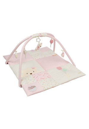 Soft pink and cream baby play mat with arches and hanging plush toys, including a bear, star, and striped balloon shapes.