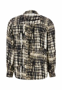 Hosszú ujjú ing, puha anyagból, fekete és krémszínű absztrakt mintázattal, gombos mandzsettákkal és klasszikus gallérral. Hátoldali nézet.