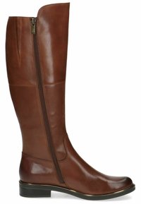 Bota de cuero marrón hasta la rodilla con cremallera lateral, punta redondeada y un pequeño tacón apilado. Textura suave con detalles de costura mínimos.