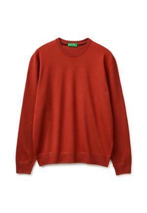 Sweter w kolorze rdzy z długimi rękawami i okrągłym dekoltem, z prążkowanymi mankietami i dołem, przedstawiony na płaskim białym tle.