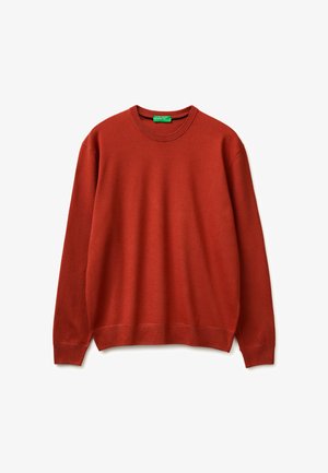 Sweter w kolorze rdzy z długimi rękawami i okrągłym dekoltem, z prążkowanymi mankietami i dołem, przedstawiony na płaskim białym tle.