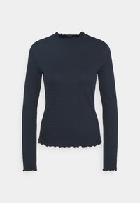 Marinblå långärmad topp med en strukturerad mönster, hög krage och vågig fåll. Tillverkad av ett elastiskt material för en figurnära siluett.