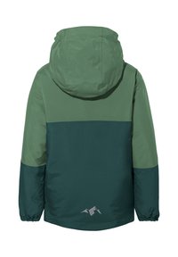 Giacca invernale a due toni di verde con cappuccio, polsini elastici e un piccolo logo di montagna sulla parte bassa della schiena.