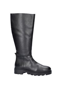 Zwarte leren kniehoge laarzen met een gestructureerde afwerking, met een chunky zool en een gladde neus. Eenvoudig ontwerp zonder versieringen.