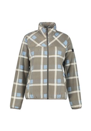 Veste en polaire de couleur gris atténué, ornée d'un motif géométrique avec des accents bleu clair et blanc. Col montant et fermeture zip, texture douce.