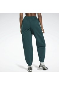 Tealfärgade joggingbyxor med elastiska muddar och midjeband, med en avslappnad passform. Kombinerade med svarta och vita texturerade träningsskor.