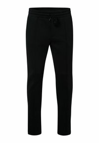 Zwarte joggingbroek met een koord in de taille, voorzien van een gladde textuur en een taps toelopend ontwerp. Inclusief zijzakken en subtiele stikseldetails.